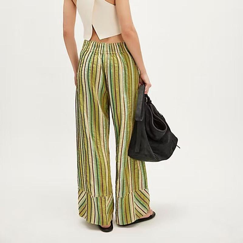 Women Comfortable Casual Drapery Elastic High-Waisted Striped Loose Fit Wide Leg Pants with Pocket