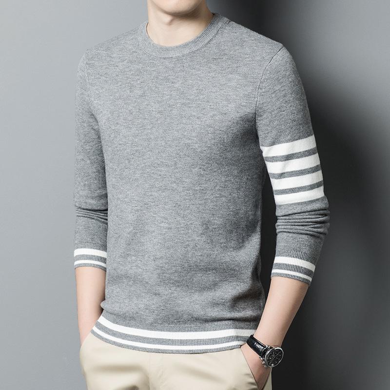 

Men s 2025 Autumn/Winter Striped Jacquard Knit Sweater - Long Sleeve, Round Neck 3XL (160-180 jin) світло-сірий колір