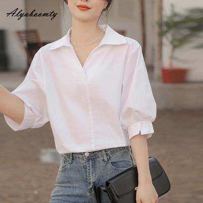 Camicia da Donna Estiva Basic Bianca Stile Coreano Camicia da Donna Casual Ampia Colletto Classico Moda Donna Versatile Manica a Tre Quarti
