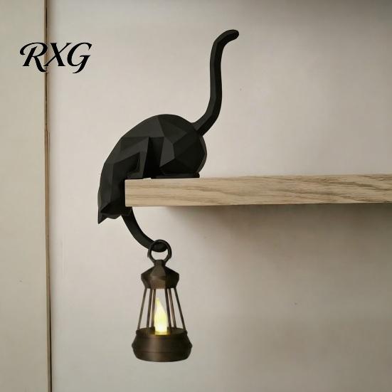 Creative Jewelry Hook Cat with Lantern, 3D Printed LED Light Decorative Modern Entryway Decor Wall Hook, Shelf for Bookshelf Desk And