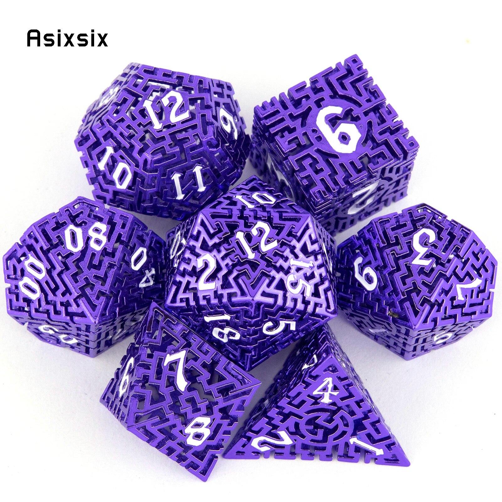 

7 шт. фиолетовые, белые металлические игральные кости, лабиринт, полый металлический многогранный набор кубиков, подходит для ролевых ролевых игр, настольная игра, карточная игра