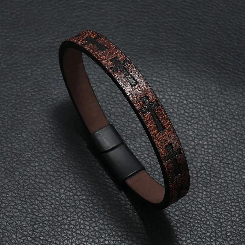 European and American Retro Style Fashion Leather Bracelet for Men with Printed Cross and Magnetic Clasp, Simple Bracelet, Niche Design