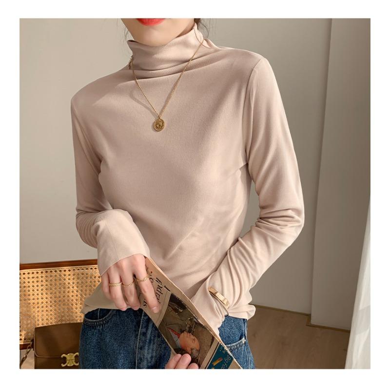

Осенне-зимняя футболка с длинным рукавом и полуводолазкой для женщин, модная теплая однотонная повседневная простая футболка, одежда 2024 года XL абрикосовый