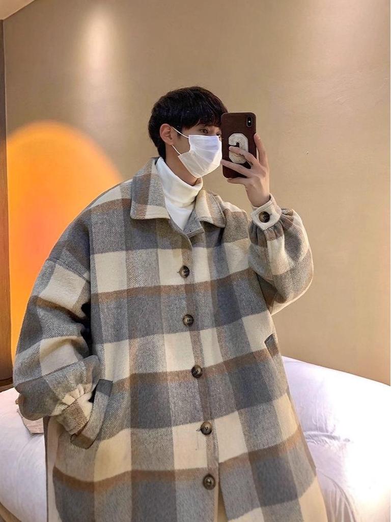 Men's Mid-Length Winter Plaid Wool Coat - Trendy Loose-Fit Windbreaker Jacket