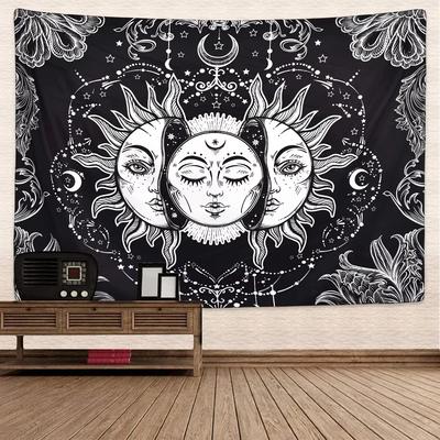 VIKAMA Sun God and Moon Goddess Tapestry Black and White Mystical Astrological Hanging Bohemian Style Bedroom Wall Decoration