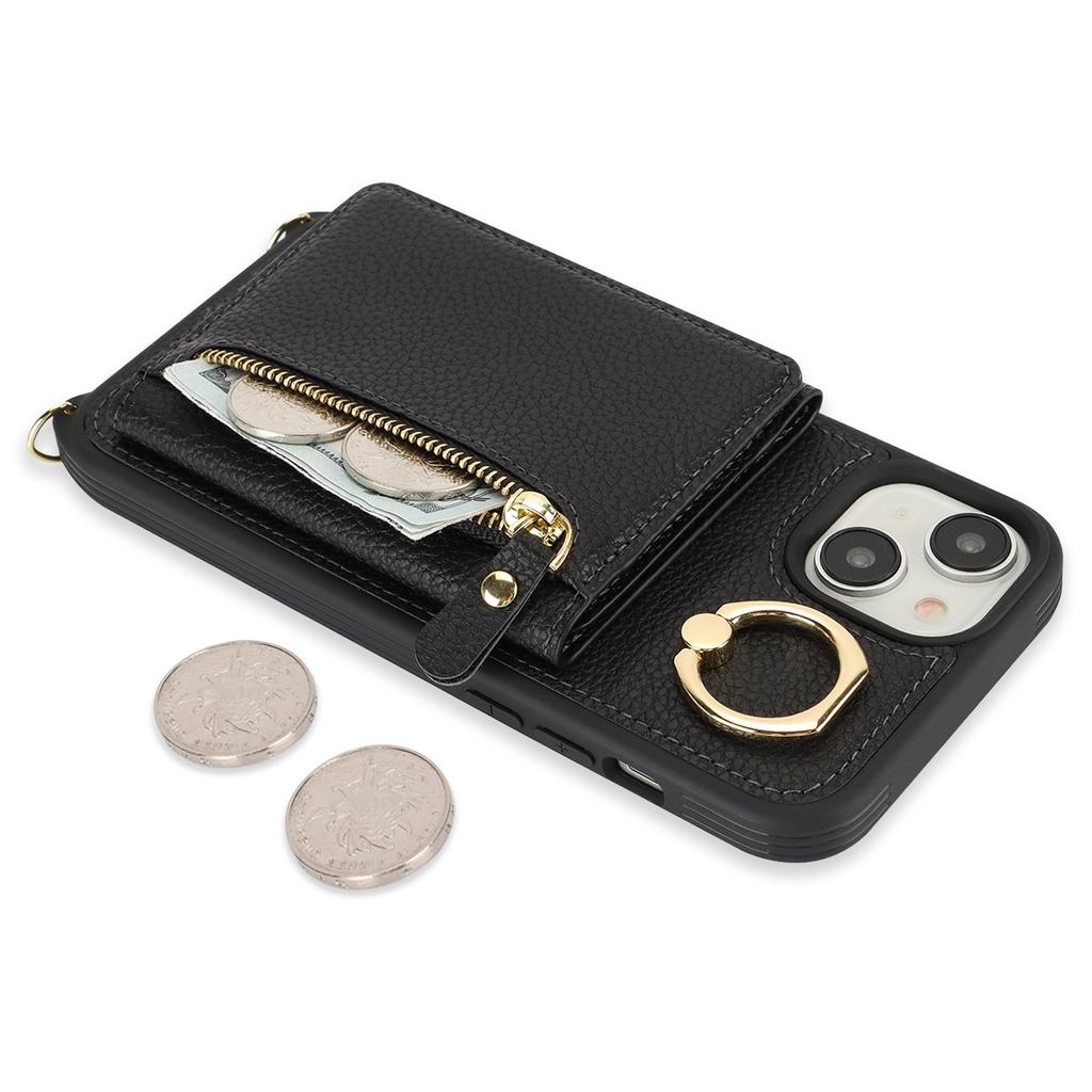 For iPhone 15 Case PU Leather+TPU Phone Cover with Ring Zipper Pocket Card Holder