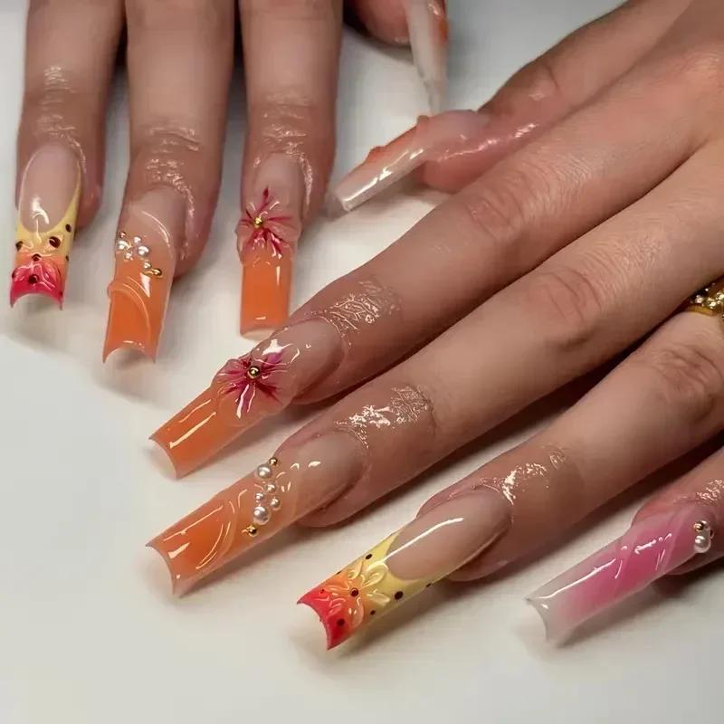 24Pcs White French Tip False Nails Long Ballerina Coffin Shape With Butterfly And Pearl Decor Full Cover Press On Nail Tips