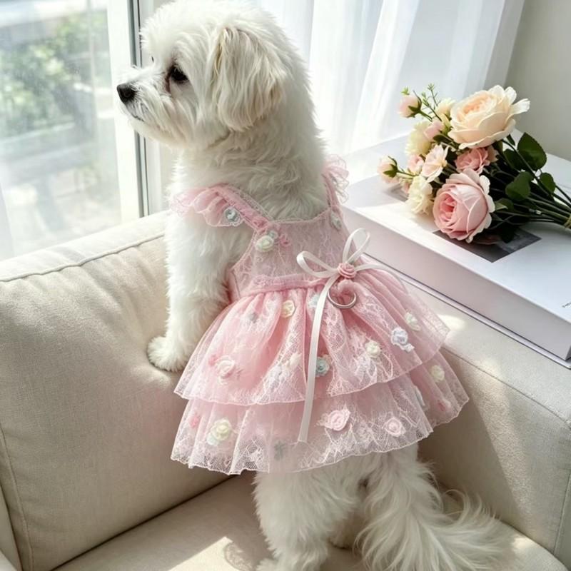 Sweet Lace Princess Dog Dress Thin Puppy Summer Clothes with 3D Floral Decor For Small Medium Cat Teddy Chihuahua Dog Clothes