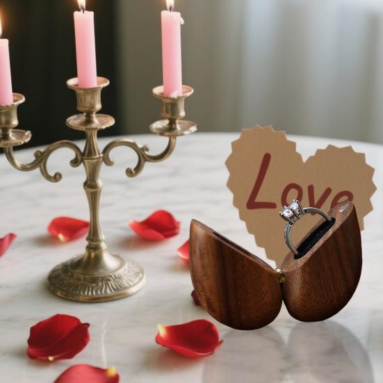 Yousheng Heart-shaped Ring Box Compact Size Portable Retro Style Wooden Proposal Wedding Ring Holder Jewelry Organizer