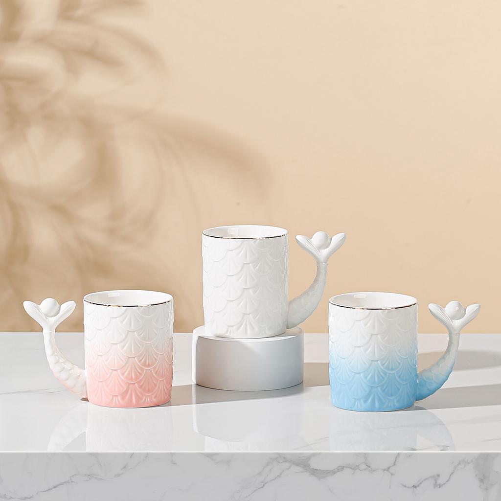 Creatieve Mok met Reliëf van Zeemeerminschubben Hoge Precisie Enkele Kop met Handvat Waterbeker Verloopbeker Kantoorbeker Souvenir Cadeau