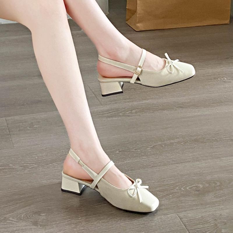 Fashion Summer New Bow Wrapped Sandals Women's Fashion Block Heel Square Toe Shallow Mouth Back Trip Band Kitten Heel Shoes