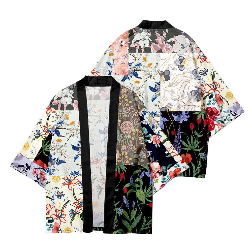 Chinese style 3D flower splicing creative cardigan seven-quarter sleeve cape kimono summer feather weaving home bathrobe pajamas men