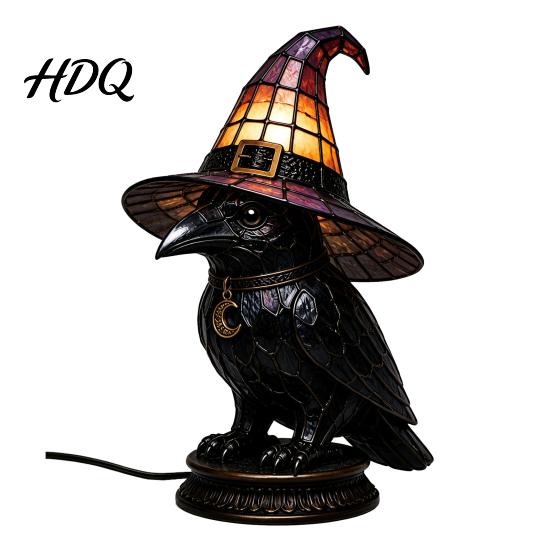Transparent Gemstone Table Light Black Cat Witch Hat Lamp with Dreamy Purple Light Eye Protection Lamp Gothic Retro Halloween Ornament for Bedroom