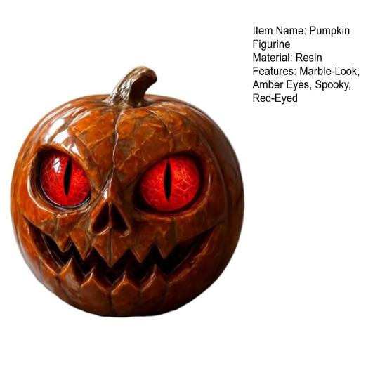 Rotäugige Kürbisfigur Handgefertigte Kürbisstatue aus Kunstharz in Marmoroptik mit bernsteinfarbenen Augen Halloween Tischdeko Regaldeko