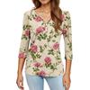 Women's Fashionable Casual Retro Floral Print V,Neck Button,Down Three,Quarter Sleeve T,Shirt Top