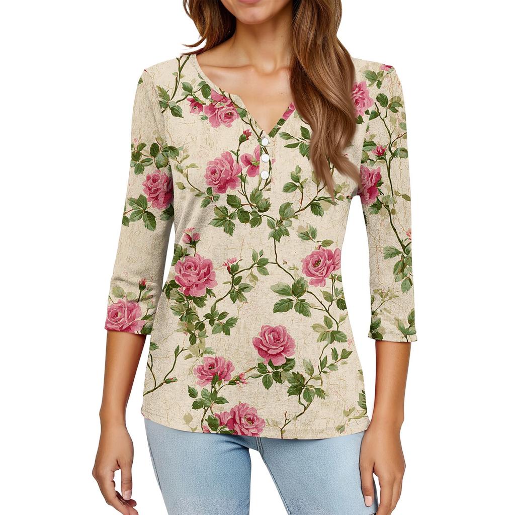 Women's Fashionable Casual Retro Floral Print V,Neck Button,Down Three,Quarter Sleeve T,Shirt Top