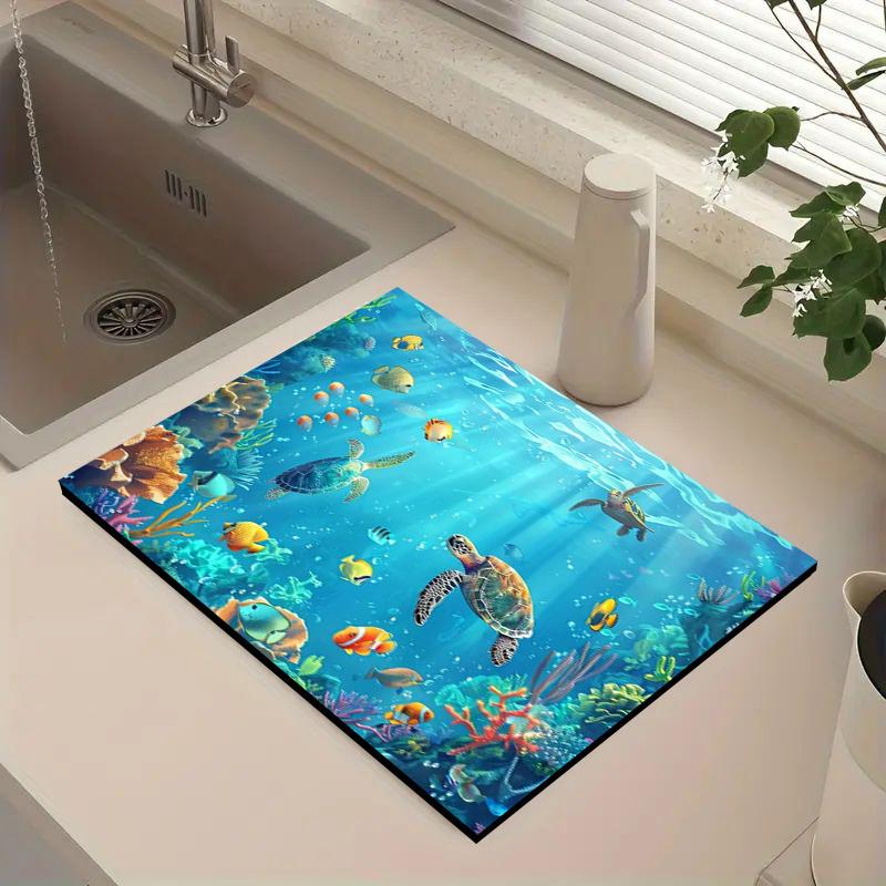 1Pcs Rubber Drying Mat With Ocean Pattern For Coffee Shop Restaurant Kitchen Carpet Tableware Durable Diatom Mud Table Mat Pet Mat Coffeeware