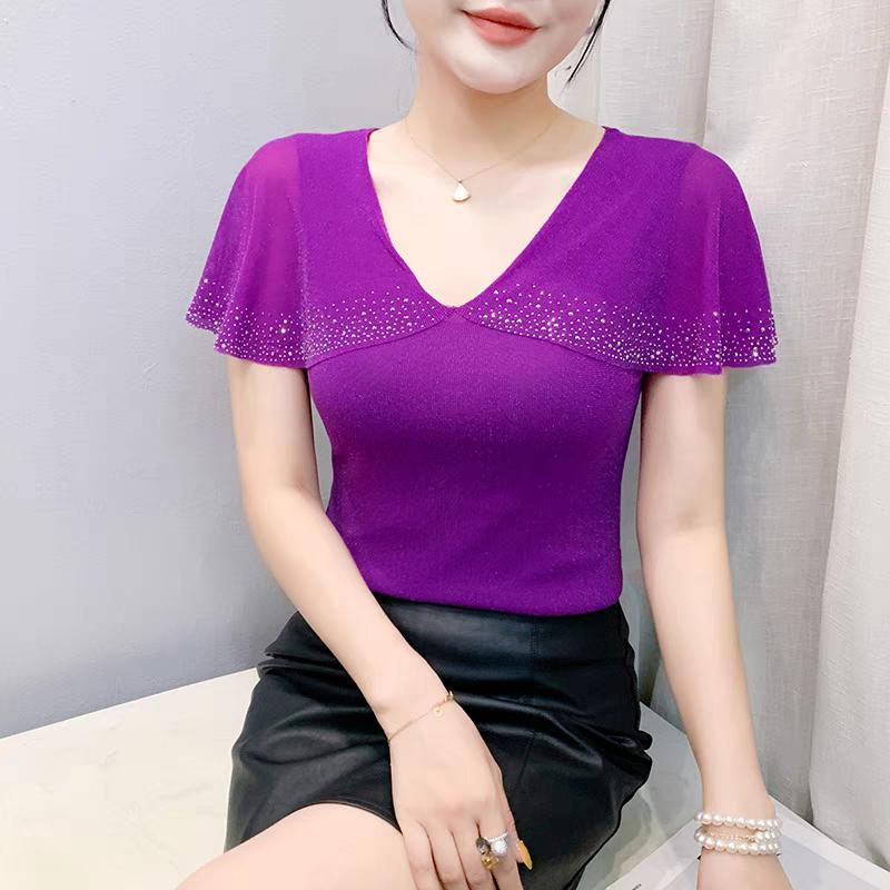 New European Women's T-Shirt Clothes Sexy V-Neck Chic Ruffles Hot Diamonds Tops Shirts Summer Short Sleeve Slim Mesh Tees