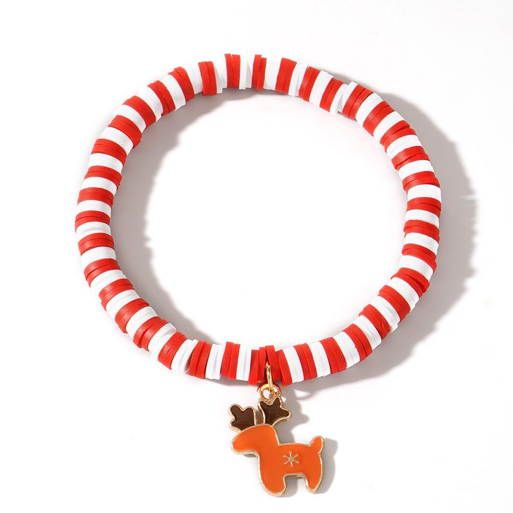 Christmas Clay Beaded Bracelet with Tree, Snowman, Bell & Reindeer Pendants In Red, White & Green - Festive Hand Jewelry