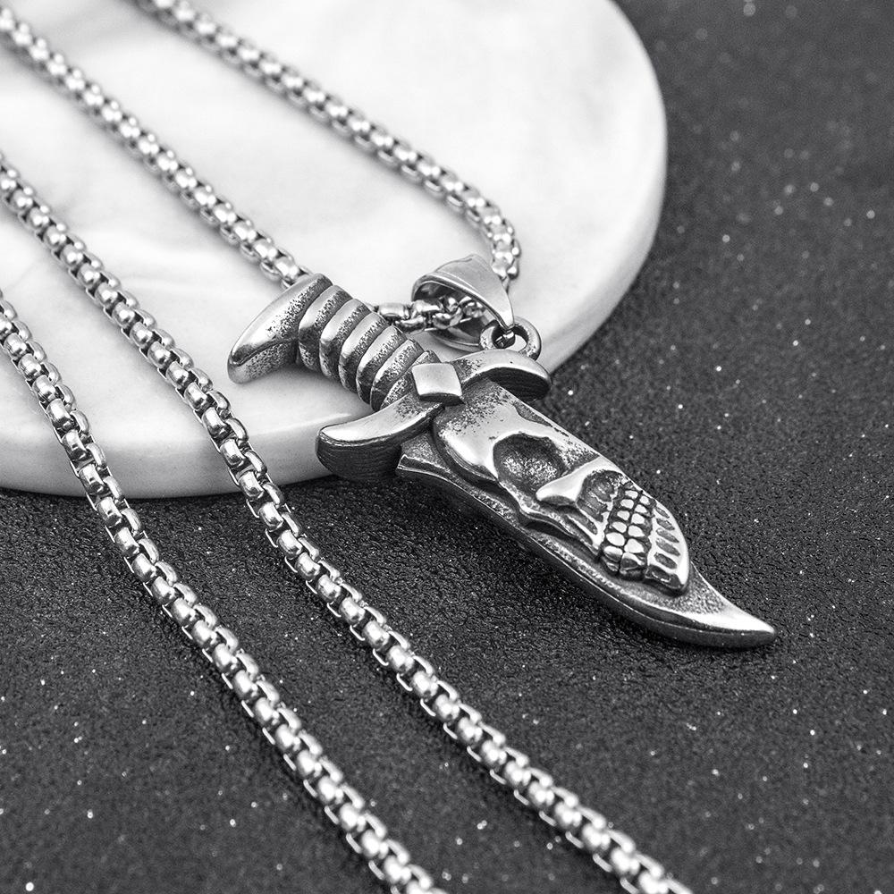 Men's Necklace Stainless Steel Dagger Skull Pendant Vintage Hip-hop Jewelry Copper Color Male Neck Chain Punk Jewelry