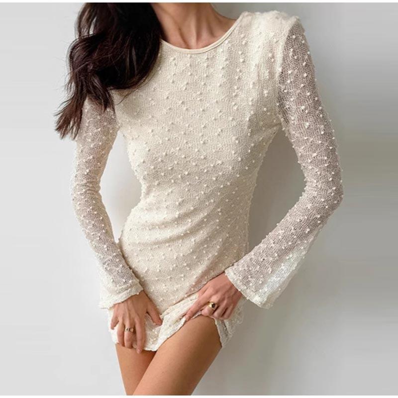 Elegant Backless Slim Dress Women Lace Up Round Neck Long Sleeved Dresses Summer High Waist Fashion Pullover Mini Short Dress