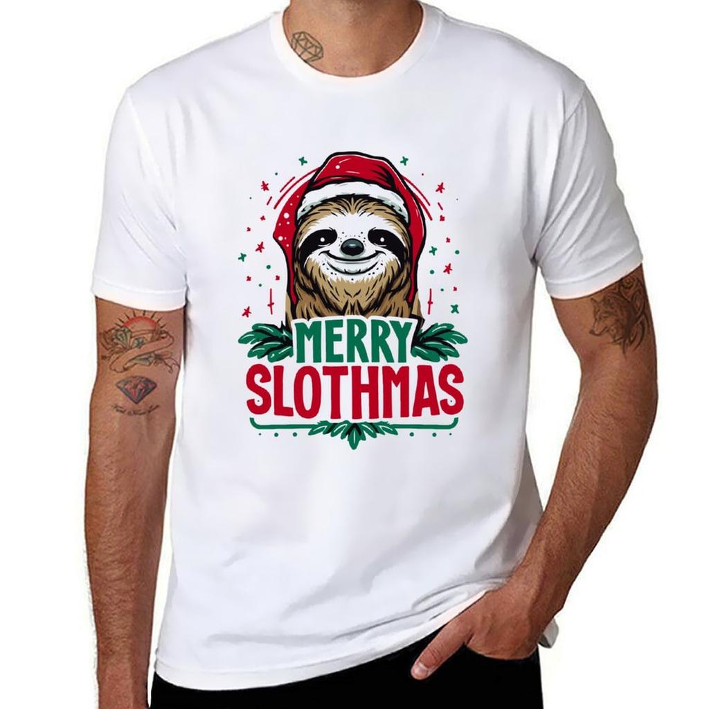 Merry Slothmas cute sloth wearing Santa hat TShirt Outdoor Sports Lightweight Tee