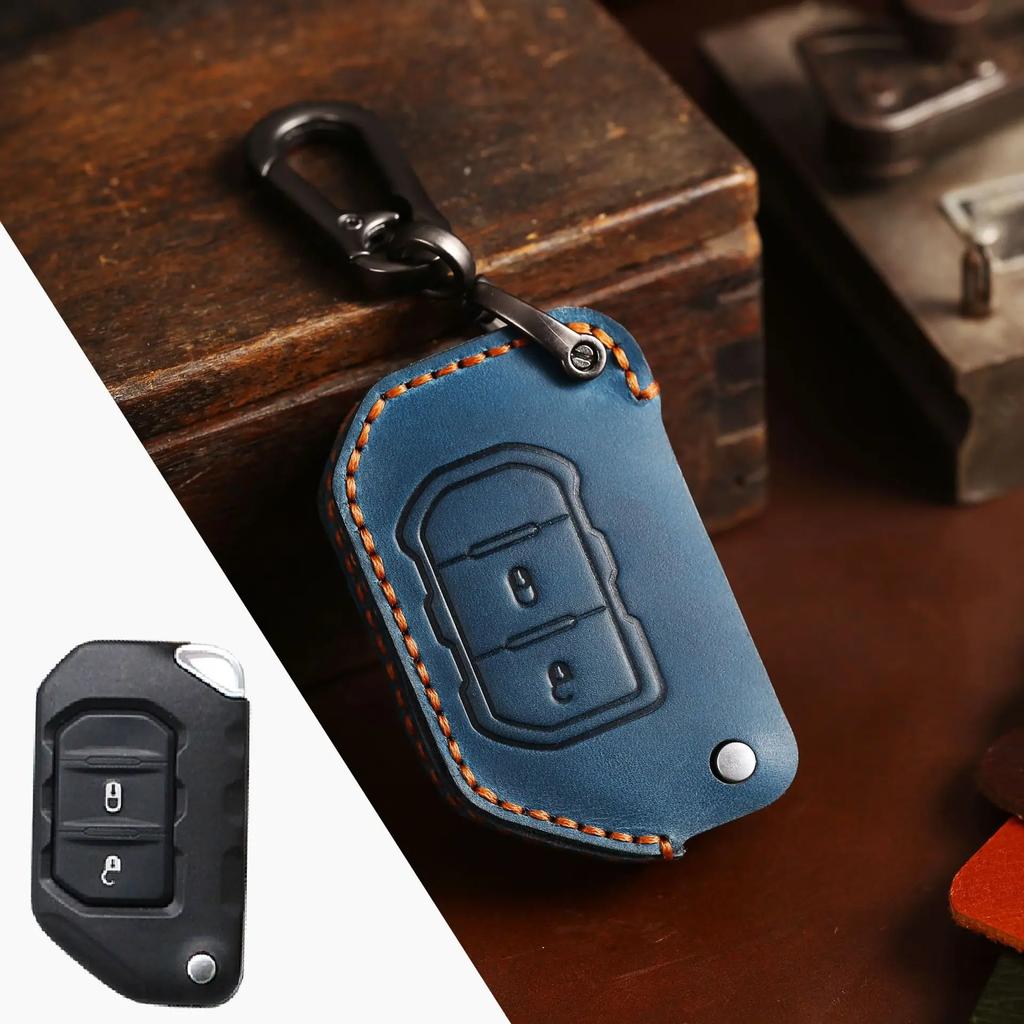 Leather Car Key Cover Keychain Holder Case Protector for Jeep Wrangler JL JLU Folding Flip Remote Shell Bag Set Accessories