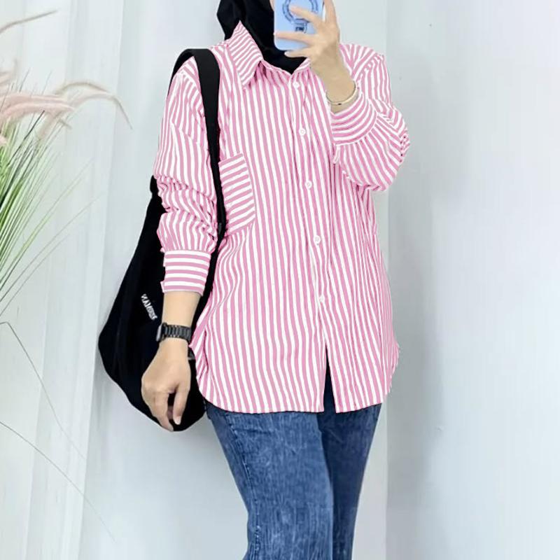 ZANZEA Women Casual Turn Down Collar Long Sleeve Stripe Blouse