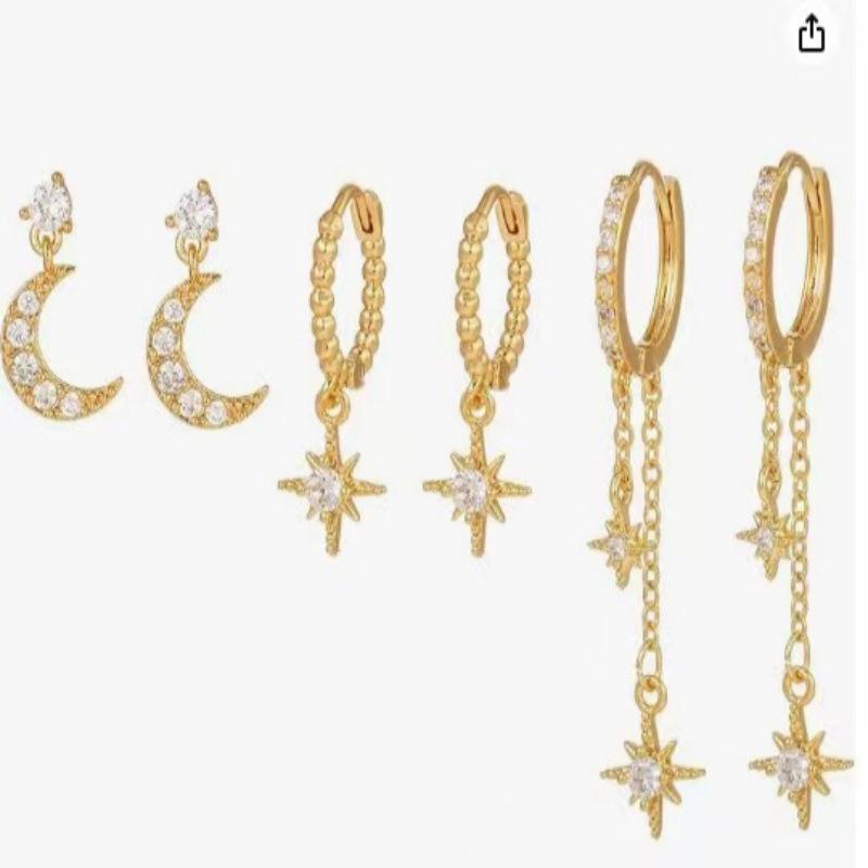 Star and Moon Chain Tassel Earrings with Hexagram Zircon Studs Set - Women's Dangle Earrings