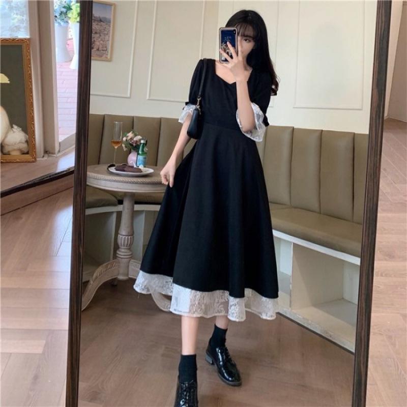 Plus Size Retro French Hepburn Black Dress - Short-Sleeve Campanula Style for Women 2026 S
