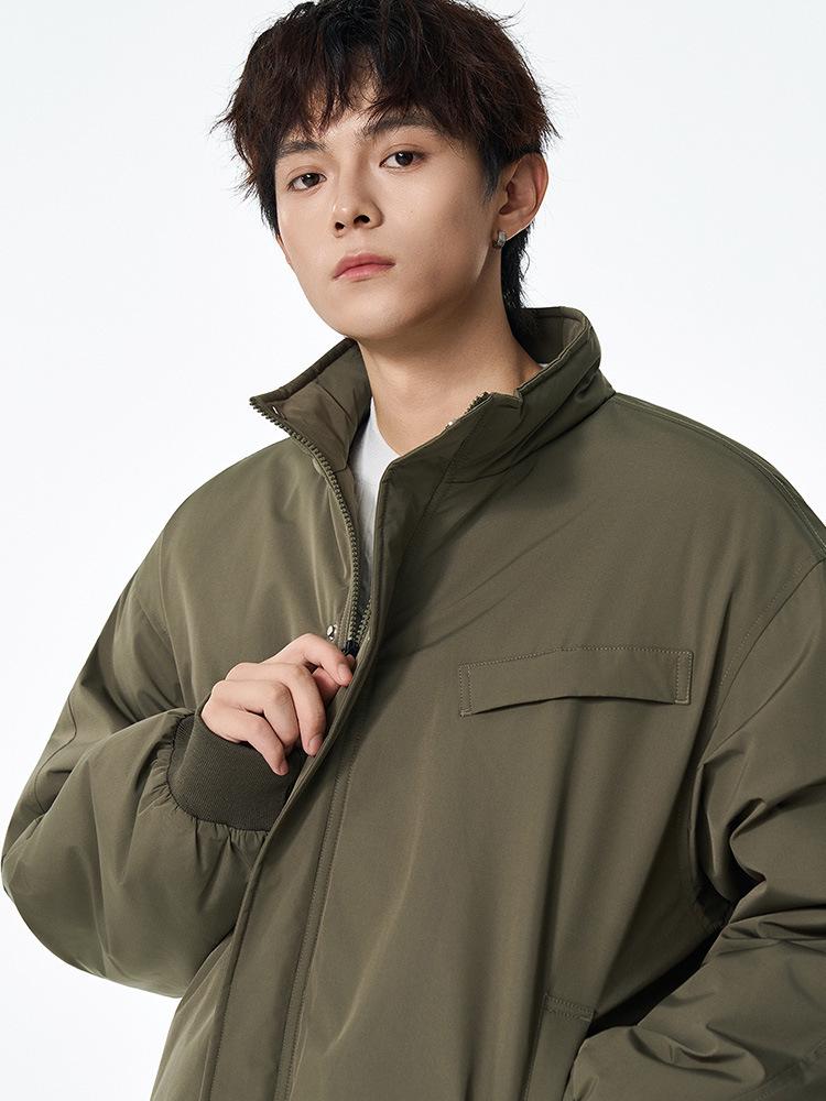 Męska pikowana kurtka robocza w stylu amerykańskim, bawełniana - kołnierz stojący, ciepła, pogrubiona, luźny krój, jednolity kolor, odzież wierzchnia jesień/zima.