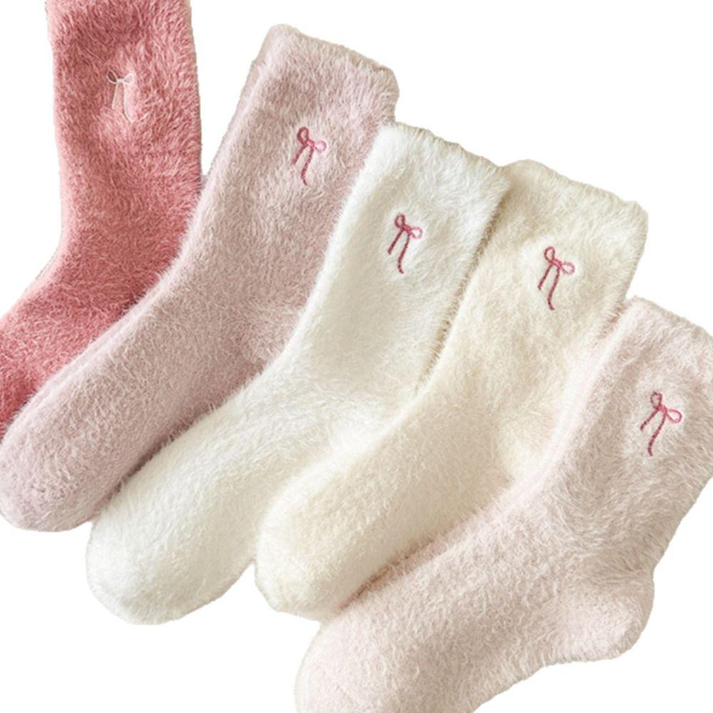 5Pairs Soft Women's Thickened Socks Cute Middle Tube Socks Simple Warm Home Socks  Autumn Winter
