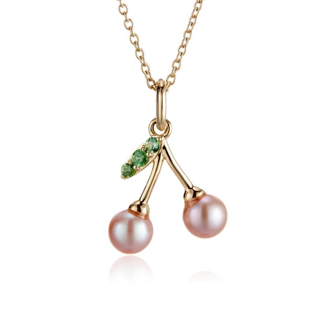 Personalized Versatile Cute Cherry Pearl Pendant Green Zircon Pendant Light Luxury Gold Necklace