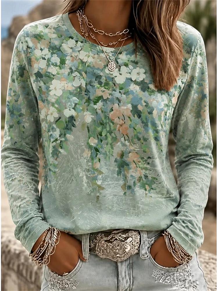 2026 Herbst Neues Damen Langarm Rundhals Lässiges T-Shirt mit Buntem Blumendruck Pflanzenelementen Outdoor Chic Top