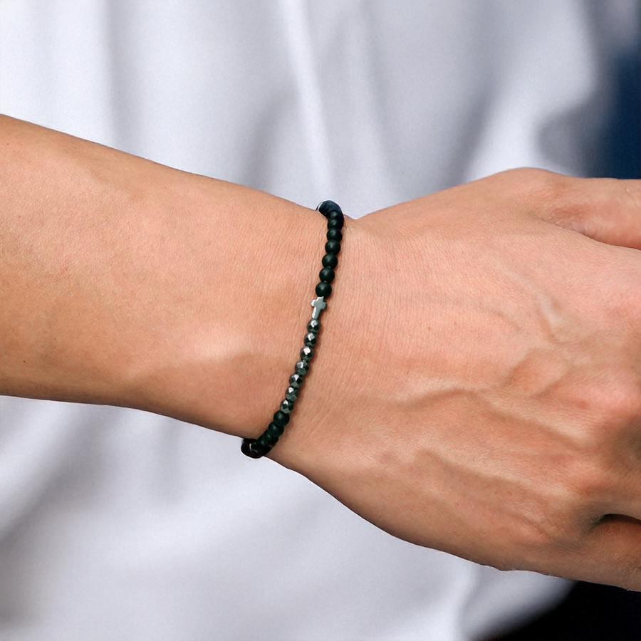 Fashion 4mm Beads Men Cross Bracelet Multi Sided Black Gallstones Healing Braclet Rosary Lava Howlite Hematite Braslet Hombre
