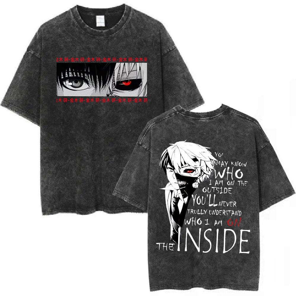 Vintage Washed Anime Tokyo Ghoul Spider Lily T Shirt Manga Cool Ken Kaneki Eyes Tshirts Gothic Short Sleeve T Shirts