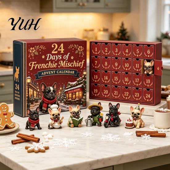 Bulldog Countdown Calendar French Advent Calendar, 24-Day Christmas Acrylic Ornament, Collectible Gift for Pet Owners Figurine Hanging Decor Tree, Dog