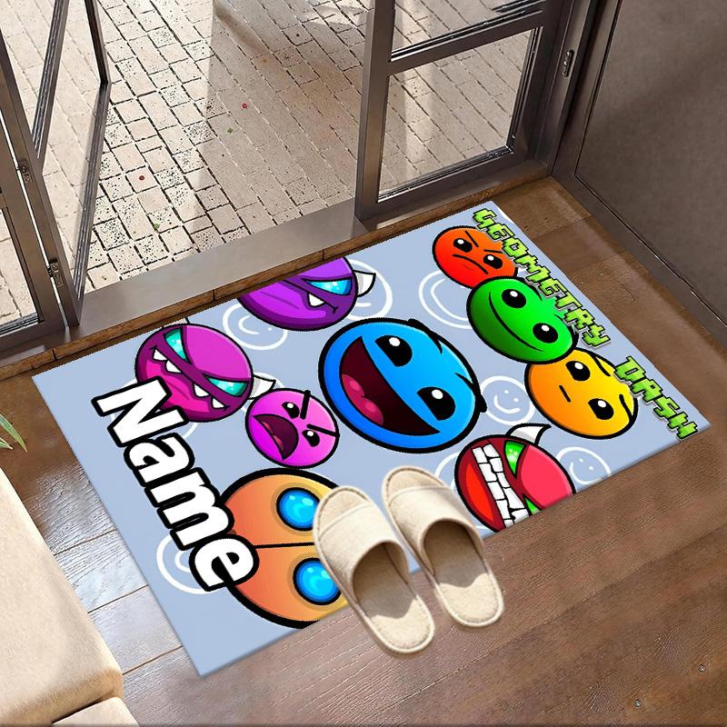 Custom Name Personalized Geometry Dash Print Carpet, Versatile Home Decor Rug, for Playroom, Apartment, Balcony, Entryway, Hallway Gift