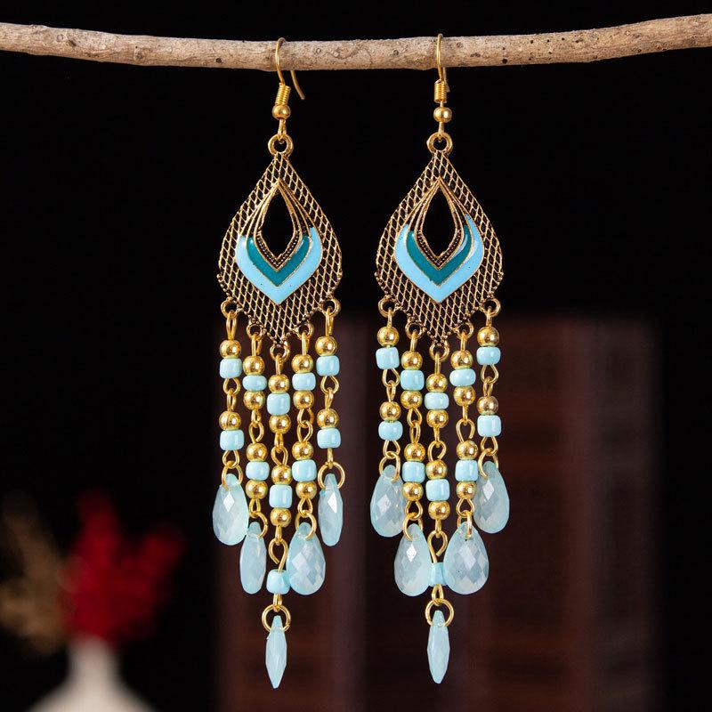 Bohemian Cross-Border Handmade Water Drop Rice Bead Tassel Earrings for Travel Photography