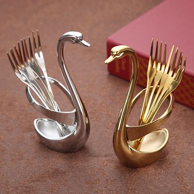 Set di 6 forchette, cucchiai e barattoli portaoggetti a forma di cigno, set di forchette da frutta, forchette da dessert, stoviglie, utensili da cucina pratici
