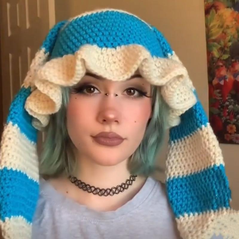 New Hand Knitted Embroidered Big Brim Hollow Fisherman Hat Showing Face Little Cute Knitted Hood