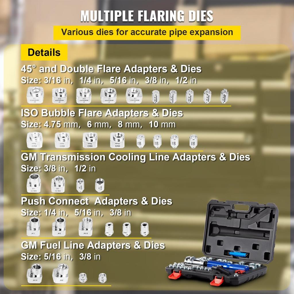 Hydraulic Flaring Tool Kit, 45° Double Flaring Tool, Brake Repair Brake Flaring Tools for 3/16"-1/2", Brake Flare Tool with Tube Cutter and Deburrer,