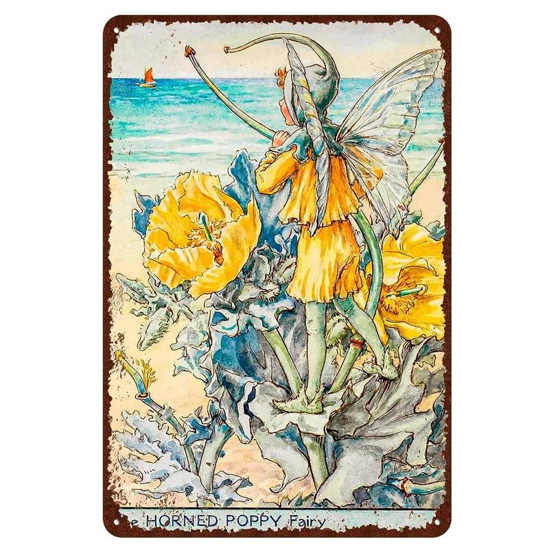 Flower Fairy Girl Metal Tin Signs Wall Decoration Plaque Vintage Art Poster Iron Painting for Man Cave Home Cafe Garden Club Bar