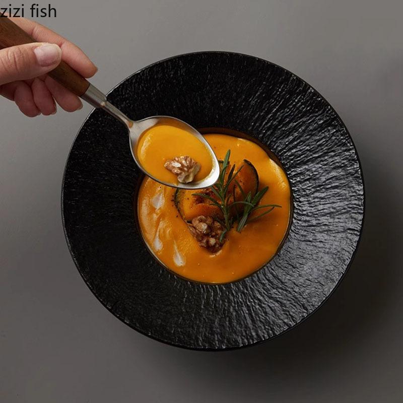 Farfurie ceramică cu textură de rocă de culoare solidă, farfurie groasă pentru supă, farfurie pentru salată, farfurii pentru paste, bucătărie moleculară, tacâmuri speciale