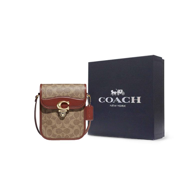 Coach Studio 14 Classic Monogram Pattern Flap Closure Coated Canvas And Calfskin Mini Shoulder Crossbody Bag Women bags Khaki Brown C8484-B4NQ4