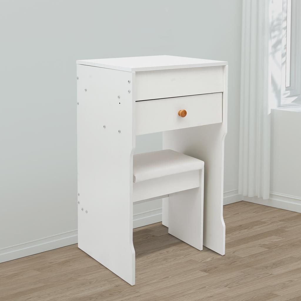 Vanity Table w/ Flip-Top Mirror, Warm White Makeup Vanity with Hidden Storage Compartments & Padded Stool, Sturdy Dressing Table