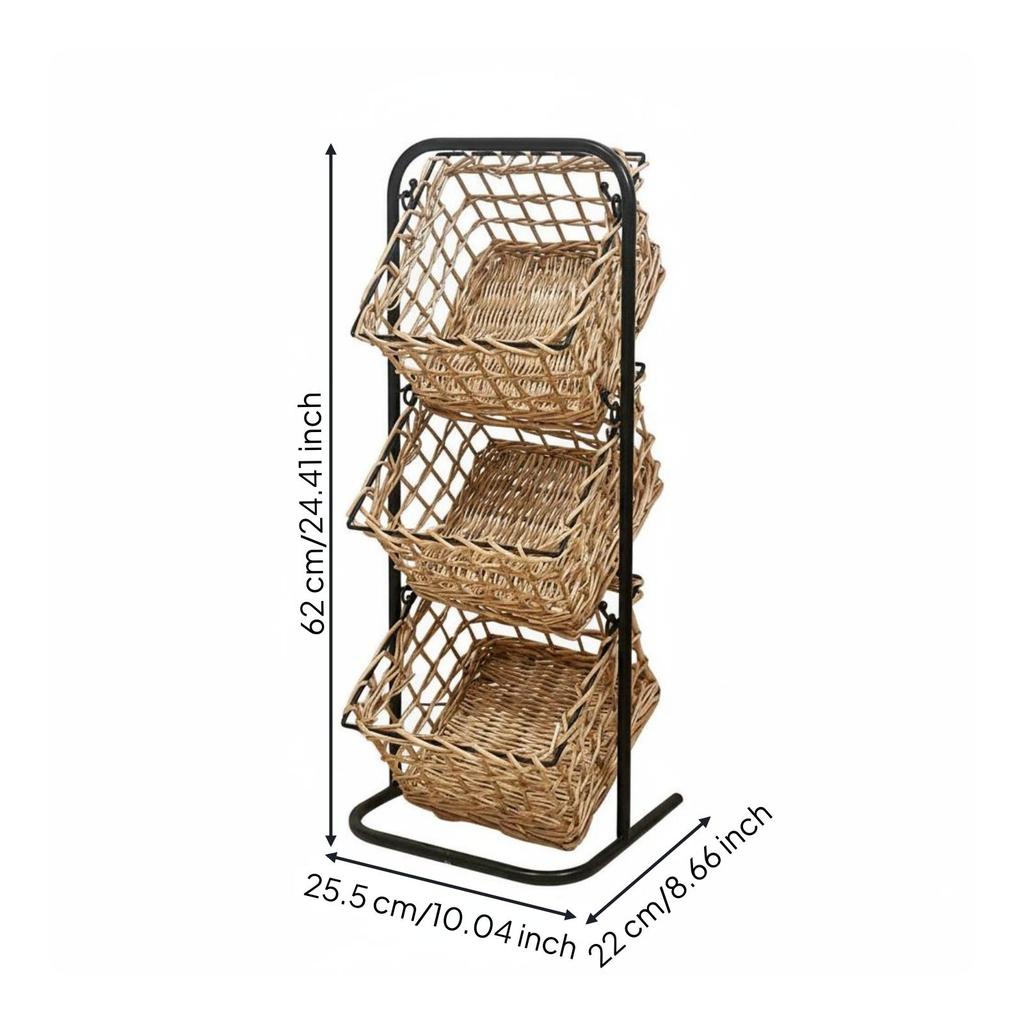 Contenitore in vimini Organizzatore a più livelli Cesti tessuti a mano Rastrelliera in ferro Robusto