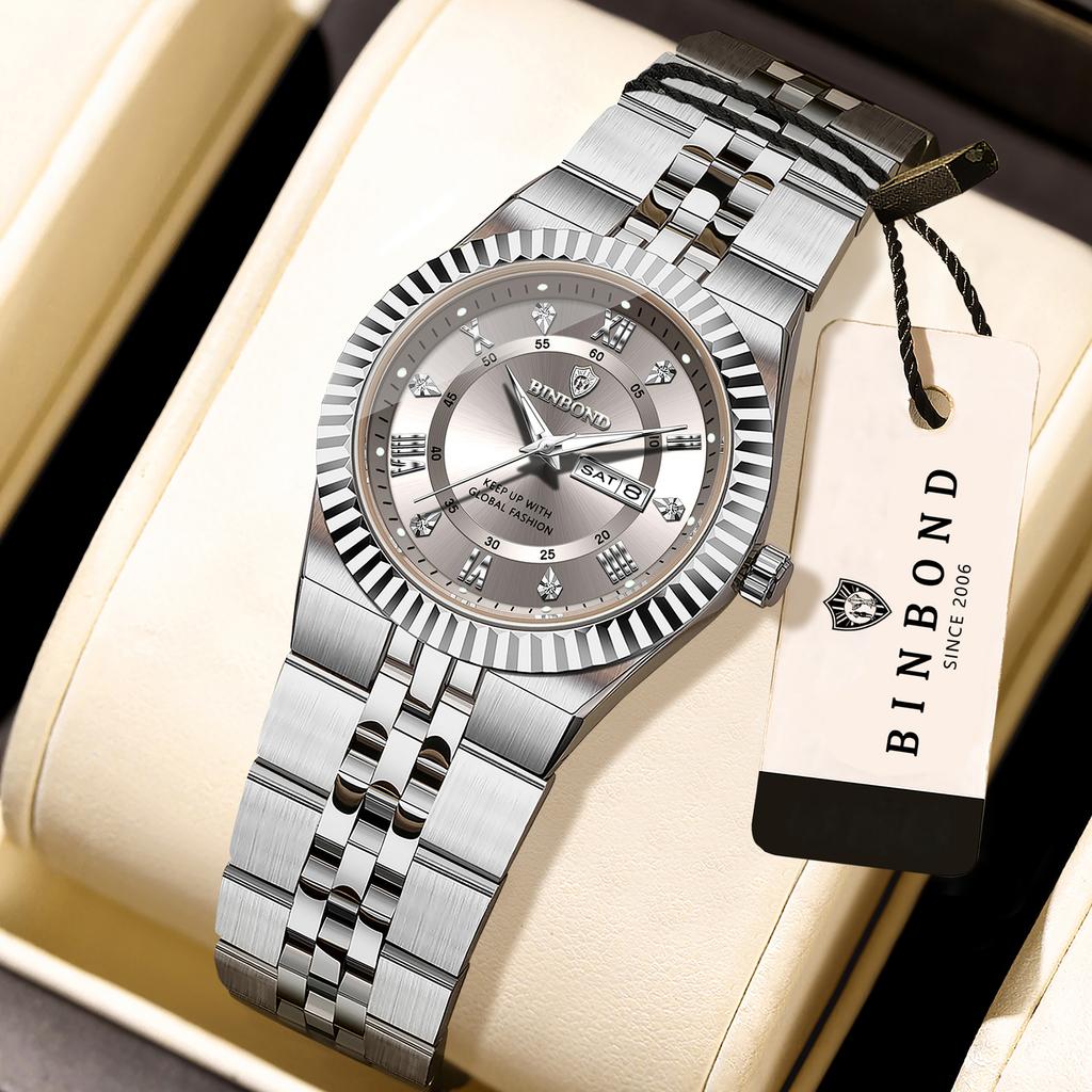 BINBOND Precise Quartz Watches For Men Week Display Auto Date Stainless Steel Luminous Waterproof Men's Watch Luxury Reloj