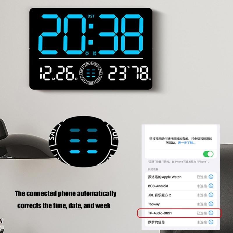 LED Digital Clock Auto Time Sync Large Display with 2 Alarm and Countdown Functions Temperature Display for Home Office