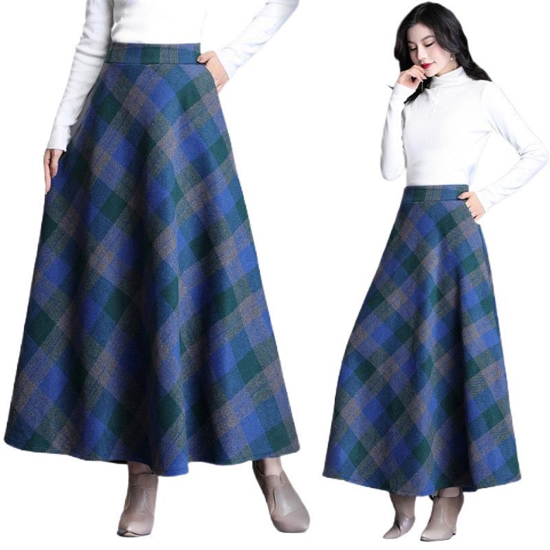 Women's 2024 Autumn/Winter Korean Plaid Wool-Blend A-Line Midi Skirt - Slimming, Thickened, Large Hem